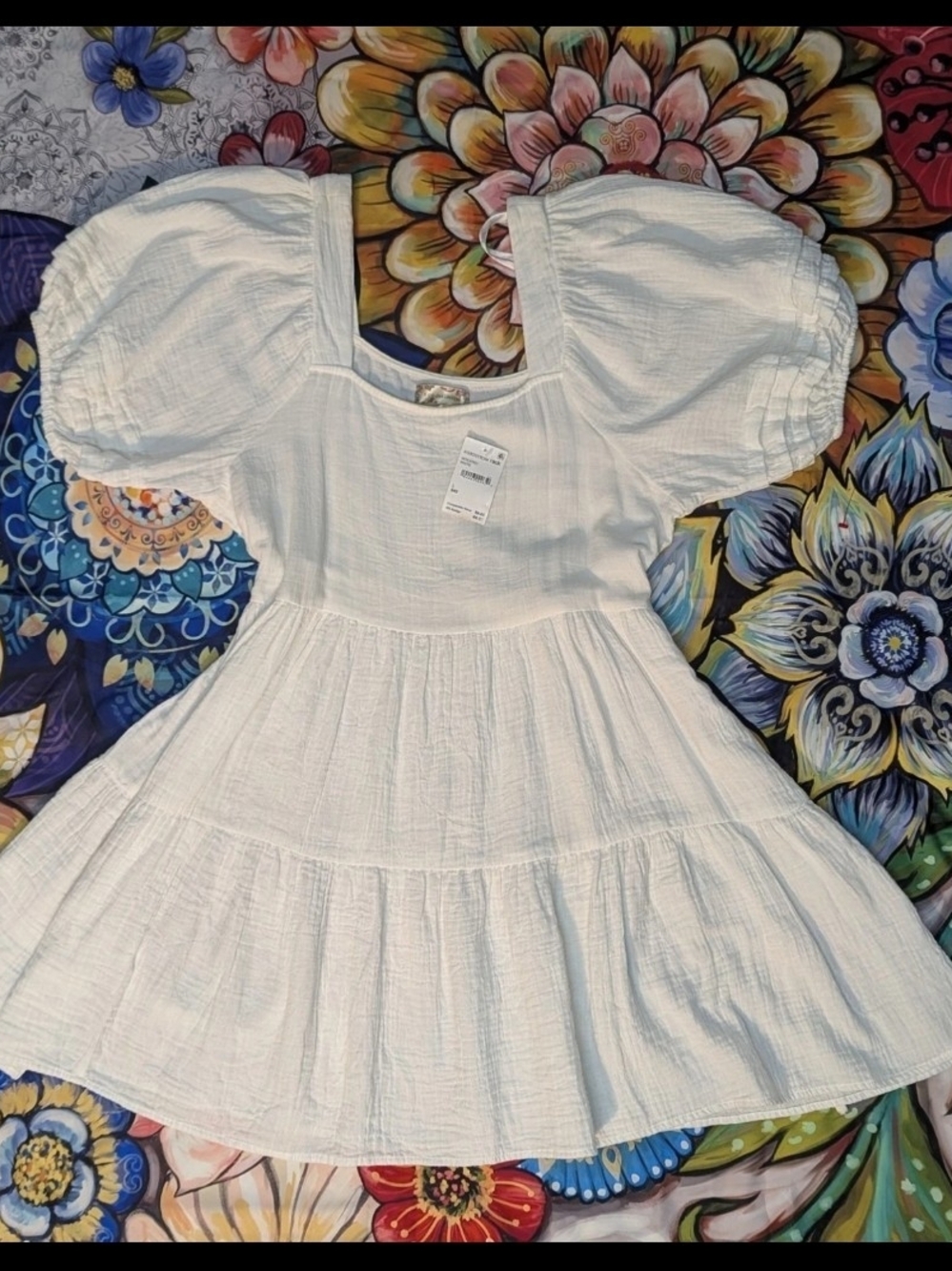 BOG Collective  100% Cotton White Puff Sleeve Tiered Mini Dress